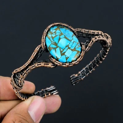 Pulseira ajustável de cobre turquesa feita à mão com pedras preciosas de fio de cobre - Imagem 1 de 4