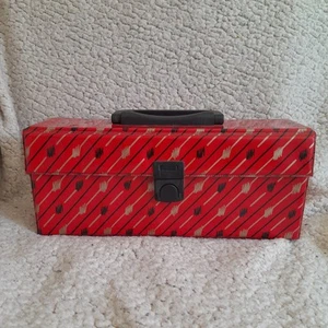 Red Striped Cassette Tape Storage Box Carry Case 28cm Retro Vintage Holds 14 - Picture 1 of 8