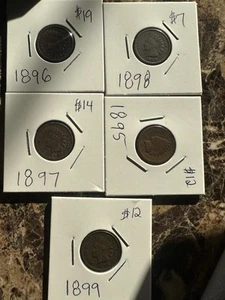 5 Indian Head Pennies 1895 To 1899 Set - Picture 1 of 12