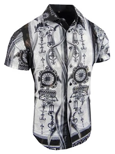 Men Short Sleeve Shirt Italian Floral Gold Sheen Stripe Flip-Cuff Stretch Slim - Picture 1 of 14