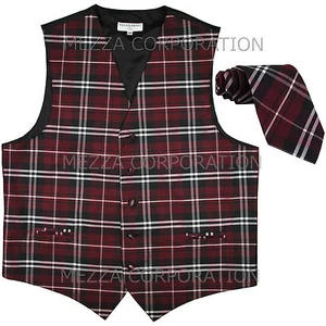 New Vesuvio Napoli Men's plaid checkered Tuxedo Vest Waistcoat_Necktie Burgundy - Picture 1 of 4