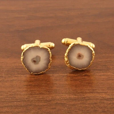 男士礼物天然太阳能石英金电镀时尚衬衫袖扣 — 第 1/3 张图片