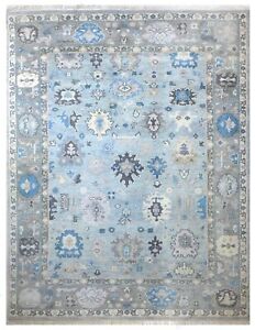 Hand Knotted Turkish Oushak Modern 9x12 Sky Blue 100% Wool Rug for Home & Office