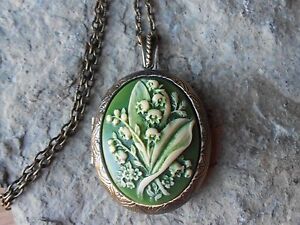 LILY OF THE VALLEY HAND PAINTED GREEN CAMEO LOCKET- ANTIQUE BRONZE, VINTAGE LOOK