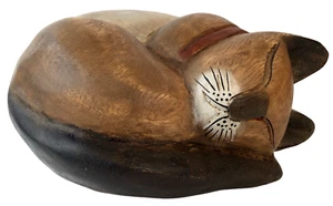 Scultura gatto addormentato vintage intagliato a mano in legno di acacia arte popolare Thailandia 7x6" - Foto 1 di 11