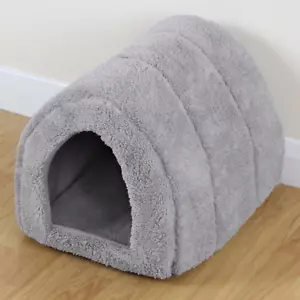 Soft Grey Pet Cat/Kitten Dog/Puppy Fleece Igloo Bed Warm House/Tunnel/S - Picture 1 of 11
