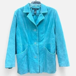 DIALOGUE Vintage 100% Suede Blue Leather Jacket 3 Button Front Blazer Women's L - Picture 1 of 8