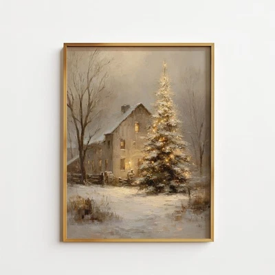 Arte de pared de árbol de Navidad y granero, impresión de decoración de vacaciones de casa de campo Foto 1 de 3