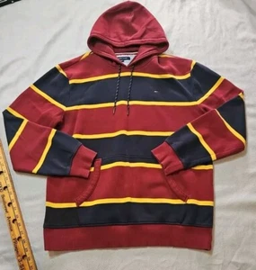 Tommy Hilfiger Hoodie Mens Large Red Sweater Striped Embroidered Logo Preppy Top - Picture 1 of 12