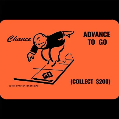 Monopoly Tin Sign 12x8 Advance Go Man Jumping Square Chance Corner Orange Art - Image 1 of 2