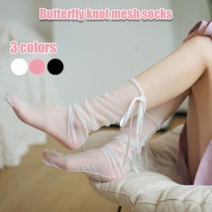 Women Girl Sweet Lolita Long Socks Butterfly Knot Mesh Middle Tube Socks Hosiery - Picture 1 of 22