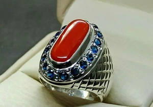 Natural Deep Red Coral Ring Sterling Silver 925 Handmade Red Marjan Mens Ring - Picture 1 of 12