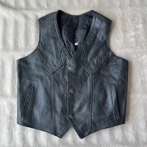 Vintage Kids Leather Moto Vest Youth Sz 6 Black Motorcycle Western Snap Biker - Picture 1 of 4