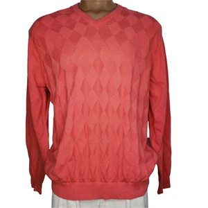 Lyle & Scott XL Sweater Men's L/S V Neck Pullover Coral Orange Cotton Diamond - Picture 1 of 6