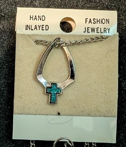 Vintage Nickle Silver Necklace Open Cross Turquoise Inlay Resin Filled Size 1" - Picture 1 of 1