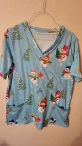 womens faded glory size M snowmen blue flannel 2 pockets scrub top S sleeve 26 L - Picture 1 of 12