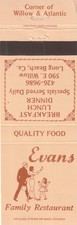 VINTAGE MATCHBOOK COVER. EVANS FAMILY RESTAURANT. LONG BEACH, CA.