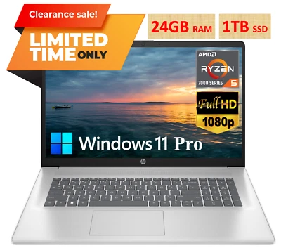 2024 HP 17 Laptop Computer FHD 6-Core AMD Ryzen 5 24GB RAM 1TB SSD Win 11 Pro - Image 1 of 4