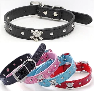 SKULL Diamond Crystal Rhinestone Leather Dog Cat Collar Puppy Blink Pink Cutie - Picture 1 of 14
