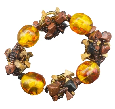 琥珀弹力手链棕色天然石英石串珠波西米亚治疗地球 — 第 1/4 张图片