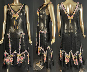 Vintage Black Chantilly Lace Gold Lame Rosette Ribbon Work Robe de Style Dress