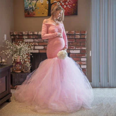 Pregnant Women's Long Dress Maternity Mesh Trailing Gown Skirt For Photo Shoot - Image 1 of 2