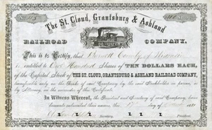 1881 St Cloud Grantsburg & Ashland RR Stock Certificate - Picture 1 of 1