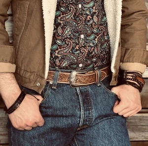 Western Belt Handmade Men's Full Grain Leather With Buckle Cowboy Rodeo - Picture 1 of 63