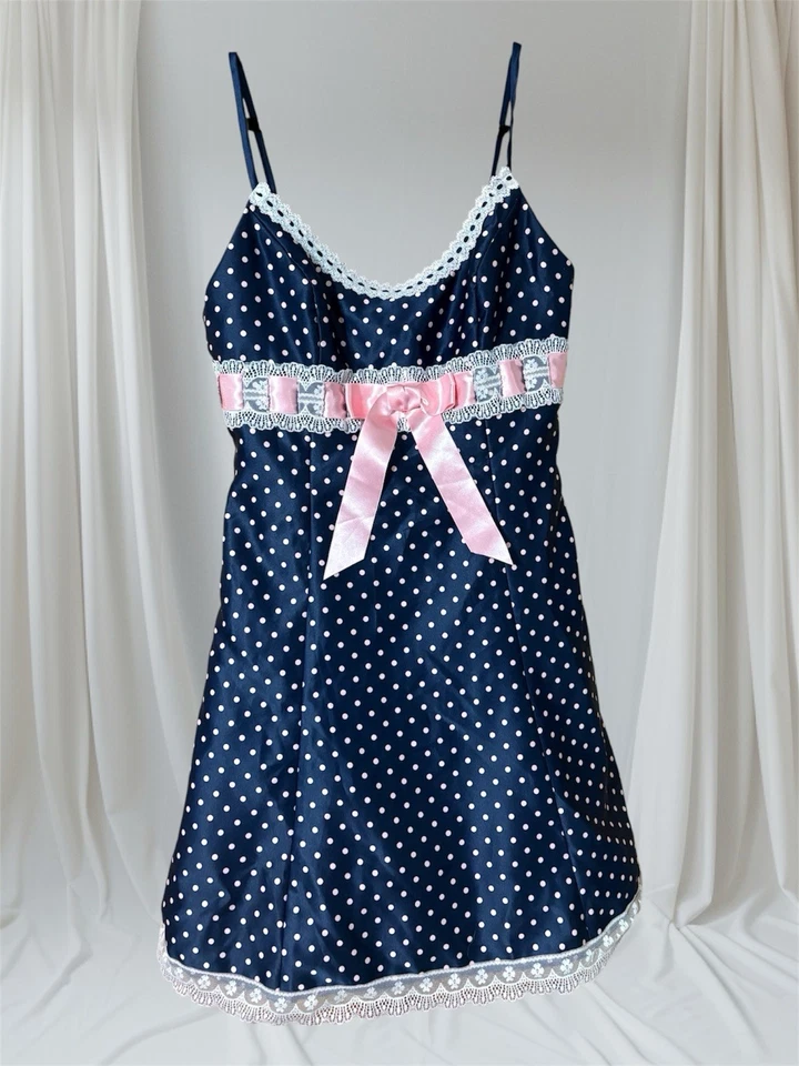 Jessica McClintock for Gunne Sax Dress Blue  w/ Pink Polka Dots & Bow Sz S NWOT - Image 1 of 4