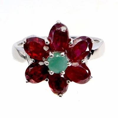 925 Sterling Silver Ring Oval Ruby 6x4mm Emerald Natural Gemstone Jewelry Size 7 - Image 1 of 4