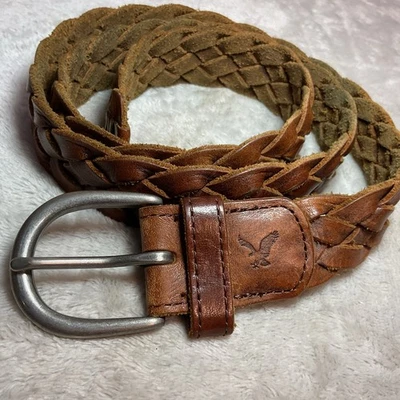 Кожаный ремень American Eagle коричневый плетеный размер 42 логотип никелевая пряжка рабочая одежда - Изображение 1 из 4