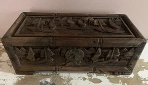Vintage Handcrafted Chinese Camphor Wooden Chest W/ Hand Carved Sailing Ships - Picture 1 of 19