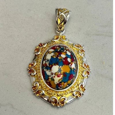 Colgante De Colección Plata Esterlina 925 Mosaico Piedra Dos Tonos Filigrana Boho Declaración Foto 1 de 4