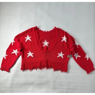 Wildfox Red Star Distressed V Neck Cropped Sweater Size Medium - Image 1 of 4