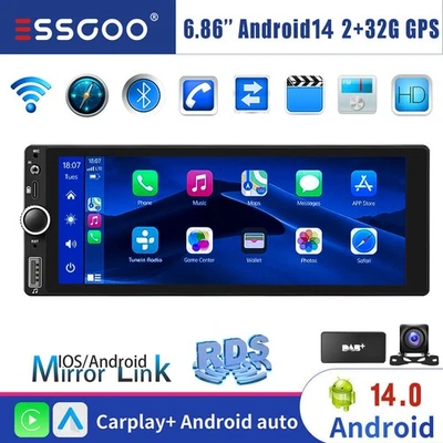 DAB+ 1 DIN Android 14 Autoradio Mit Bluetooth GPS Navi RDS WIFI USB SWC KAM 32GB - Bild 1 von 4