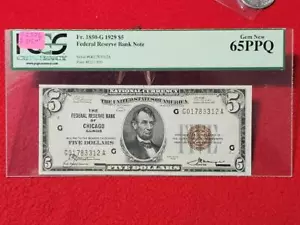 1929 $5 Federal Reserve Bank Note of Chicago Illinois PCGS 65PPQ FR.1850G #T2276 - Picture 1 of 2