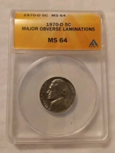 1970 D Jefferson Nickel Major Obverse Laminations ANACS MS64 - Picture 1 of 5