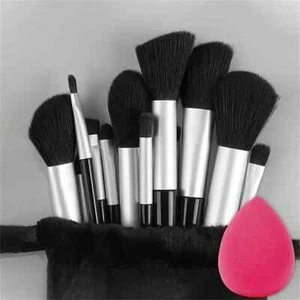 Makeup Brush Set - Silvery Black Design with Cloth Bag & Soft Makeup Sponge/15pc - Picture 1 of 7