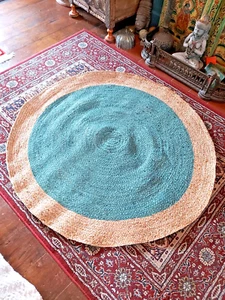 HANDMADE BIRVA TURQUOISE JUTE RUG WITH NATURAL BORDER - 120cm - ON OFFER! - Picture 1 of 10