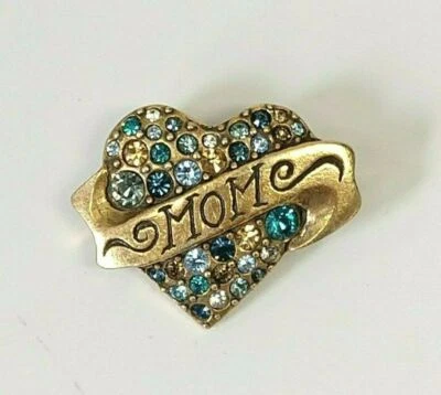 Patricia Locke MOM Heart PIN BROOCH Gold Plate Pacific Swarovski Crystals NWOT - Image 1 of 4