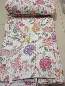Indian Cotton Kantha Quilt Throw Blanket Twin Size Floral Print Bedspread Art - Picture 1 of 10
