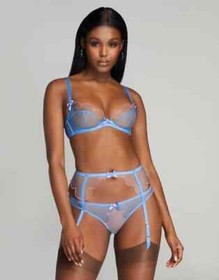 AGENT PROVOCATEUR RARE LORNA BLUE/PINK BRA 32A/C SUSPENDER & BRIEF 3 MEDIUM BNWT