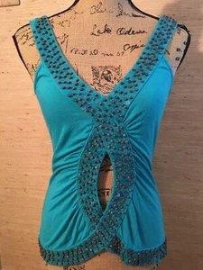 Women's/Juniors Charlotte Russe Emerald Beaded/Sequins Cut Out Tank Top Size S - Picture 1 of 8