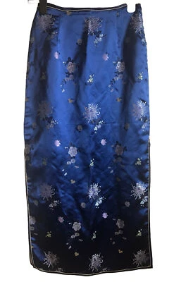 Maxi falda brocado sedoso bordada asiática azul vintage china aberturas laterales Y2K S Foto 1 de 4