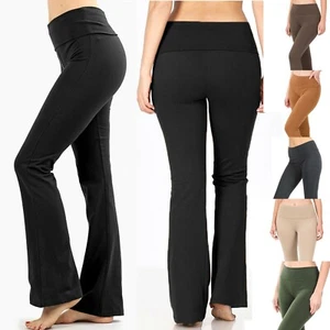Womens Yoga Pants Flare Leg Long Fitness Foldover Waist Workout Gym Bootcut - Picture 1 of 6