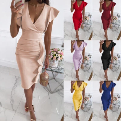 Womens V Neck Sexy Dress Ruffle Sleeveless Evening Cocktail Party Bodycon - Image 1 of 4