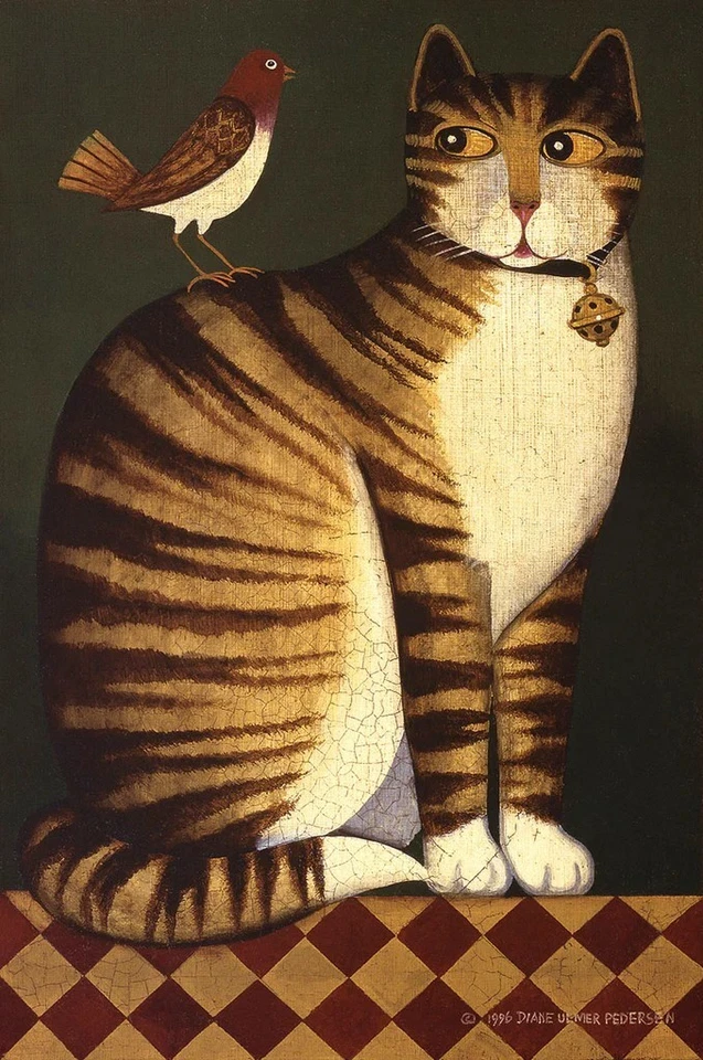 Temptation I Cat and Bird, Diane Ulmer, Wall Decor Art Print Poster 18" x 12" - Image 1 of 1