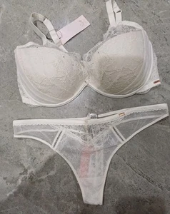 40DD M&S ROSIE Aster Sparkle Lace Wired Plunge Bra & Thong Knickers Size 16 - Picture 1 of 13