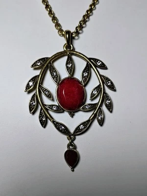 Chico’s Red Resin Statement Pendant Necklace Gold Tone Crystal Accents Boho... - Image 1 of 4