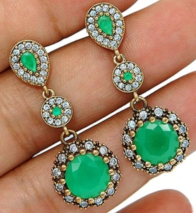 Ottoman Empire Style 8CT Treated Emerald 925 Sterling Silver Earrings TE1531 - Picture 1 of 2